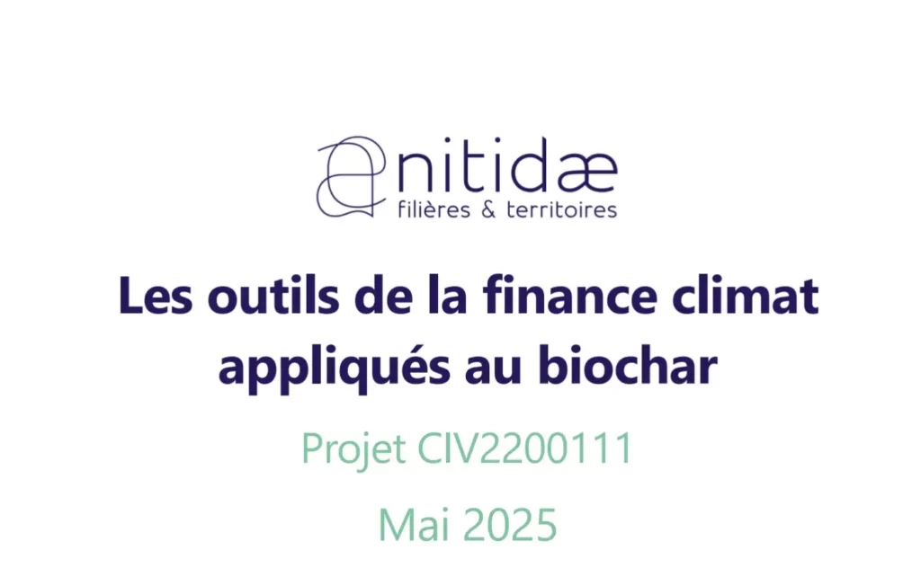 Vabicui — Diapositive présentant le titre 'Les outils de la finance climat appliqués au biochar', avec le logo Nitidae 'filières & territoires', le nu