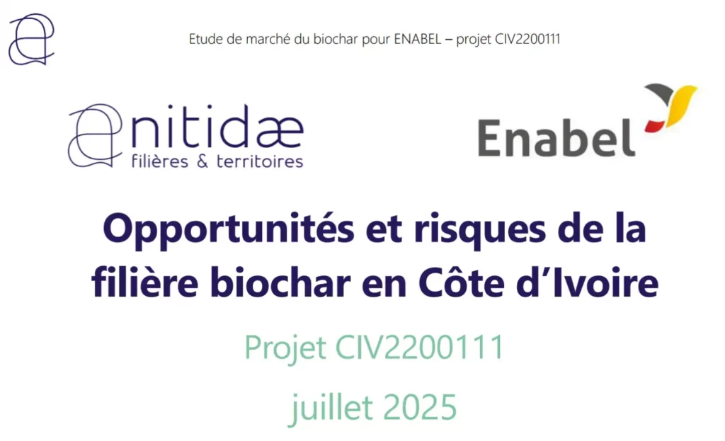 Vabicui — Diapositive présentant l'étude de marché sur les opportunités et risques de la filière biochar en Côte d'Ivoire, menée par Enabel et Enitida